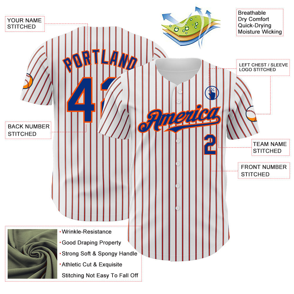 Custom White (Royal Orange Pinstripe) Orange-Royal Authentic Baseball Jersey baseball jersey product view 3