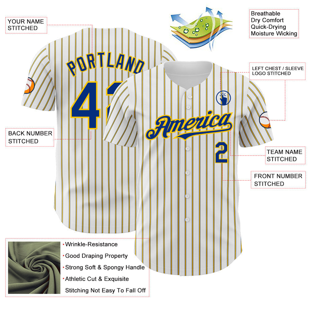 Custom White (Royal Yellow Pinstripe) Royal-Yellow Authentic Baseball Jersey baseball jersey product view 3