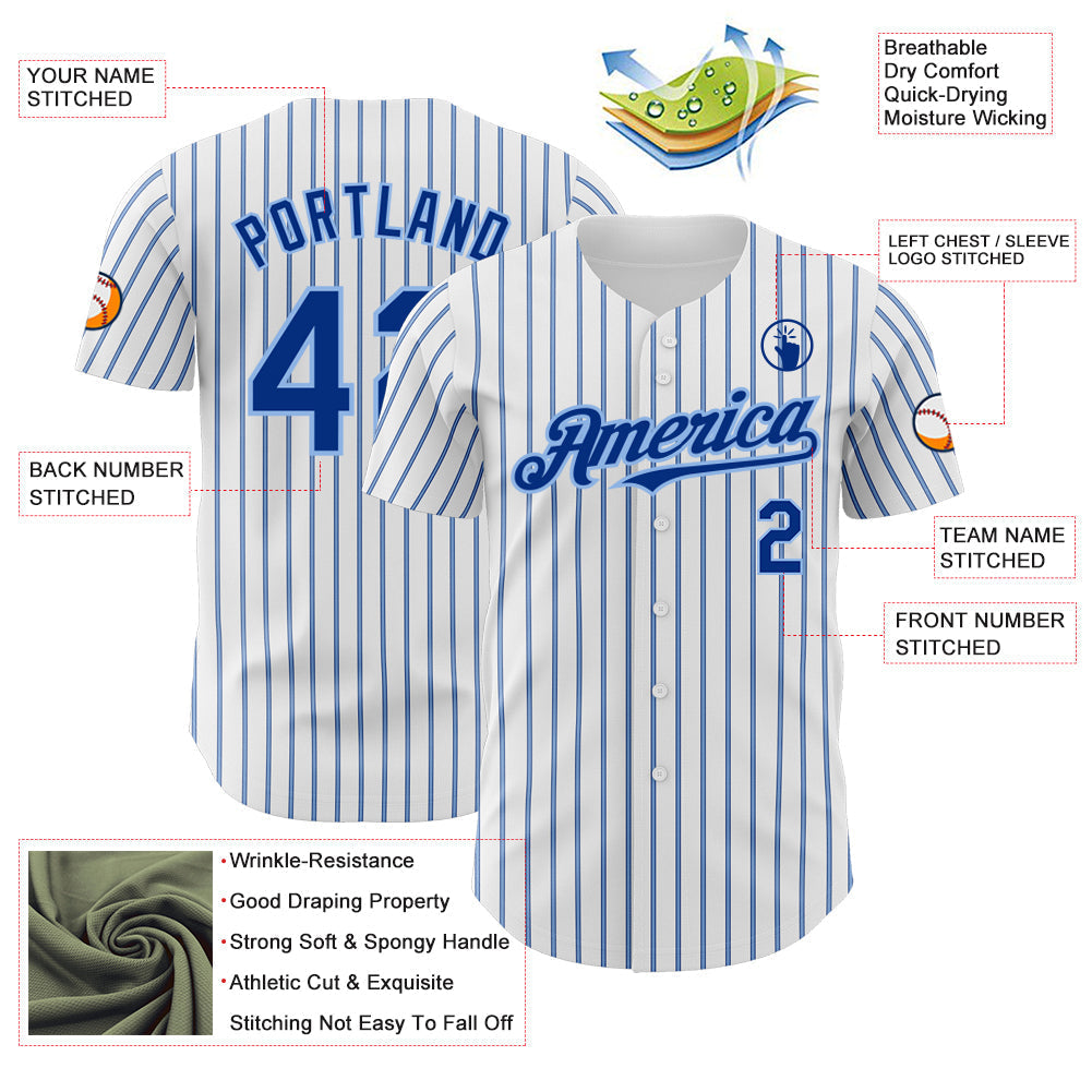 Custom White (Royal Light Blue Pinstripe) Royal-Light Blue Authentic Baseball Jersey baseball jersey product view 3