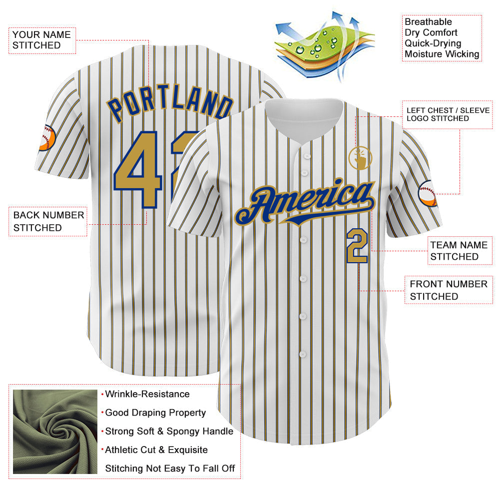 Custom White (Royal Old Gold Pinstripe) Old Gold-Royal Authentic Baseball Jersey baseball jersey product view 3