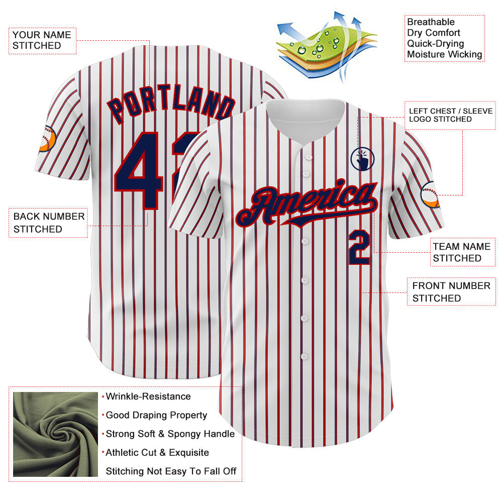 Custom White (Navy Red Pinstripe) Navy-Red Authentic Baseball Jersey baseball jersey product view 3