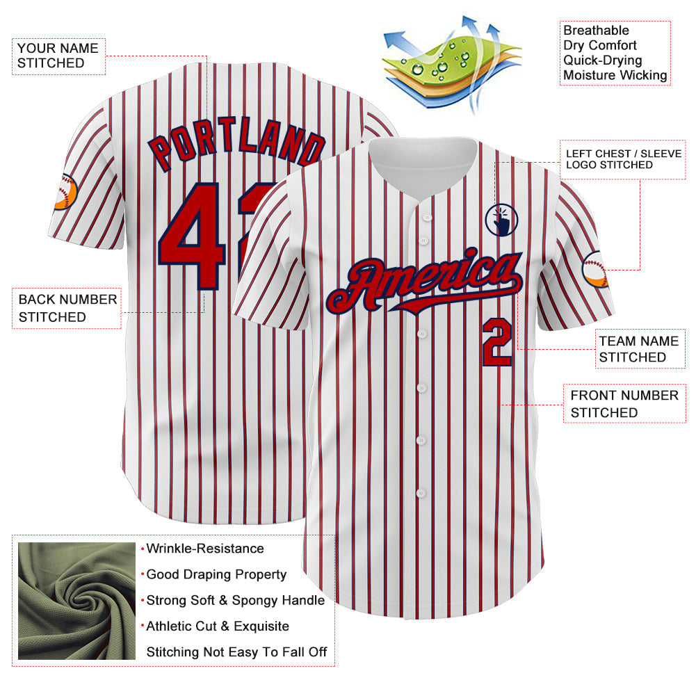 Custom White (Navy Red Pinstripe) Red-Navy Authentic Baseball Jersey baseball jersey product view 3
