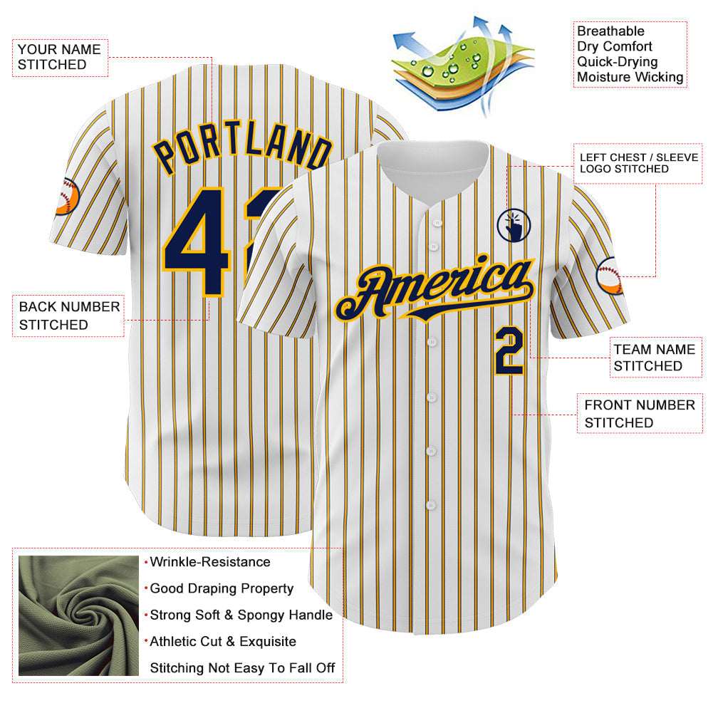 Custom White (Navy Gold Pinstripe) Navy-Gold Authentic Baseball Jersey baseball jersey product view 3