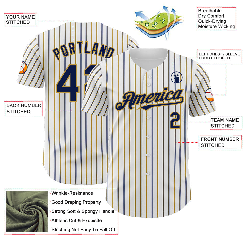 Custom White (Navy Old Gold Pinstripe) Navy-Old Gold Authentic Baseball Jersey baseball jersey product view 3