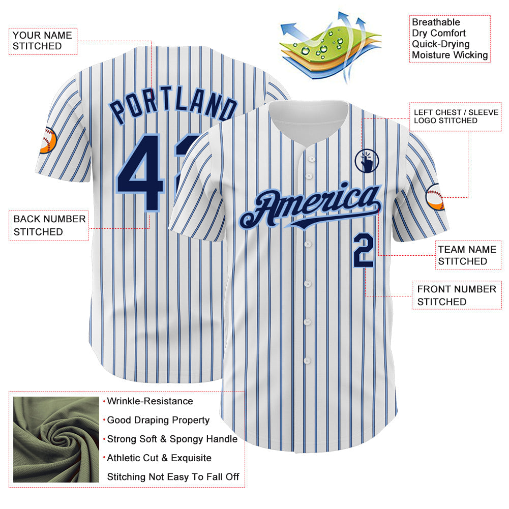 Custom White (Navy Light Blue Pinstripe) Navy-Light Blue Authentic Baseball Jersey baseball jersey product view 3