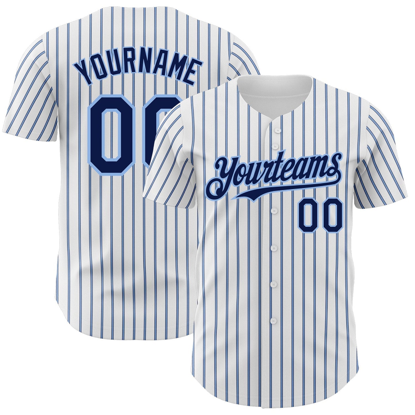 Custom White (Navy Light Blue Pinstripe) Navy-Light Blue Authentic Baseball Jersey baseball jersey product view 1