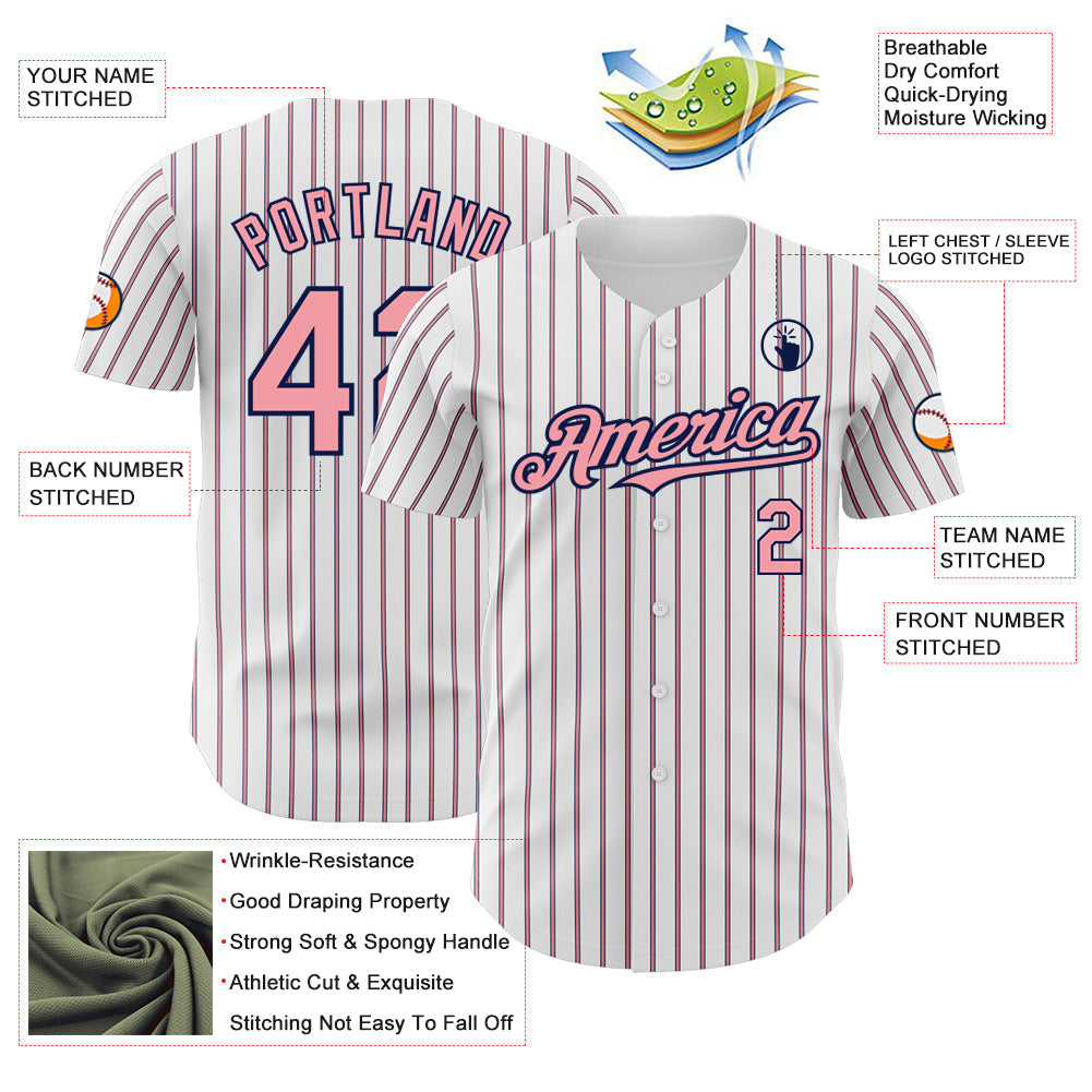 Custom White (Navy Medium Pink Pinstripe) Medium Pink-Navy Authentic Baseball Jersey baseball jersey product view 3