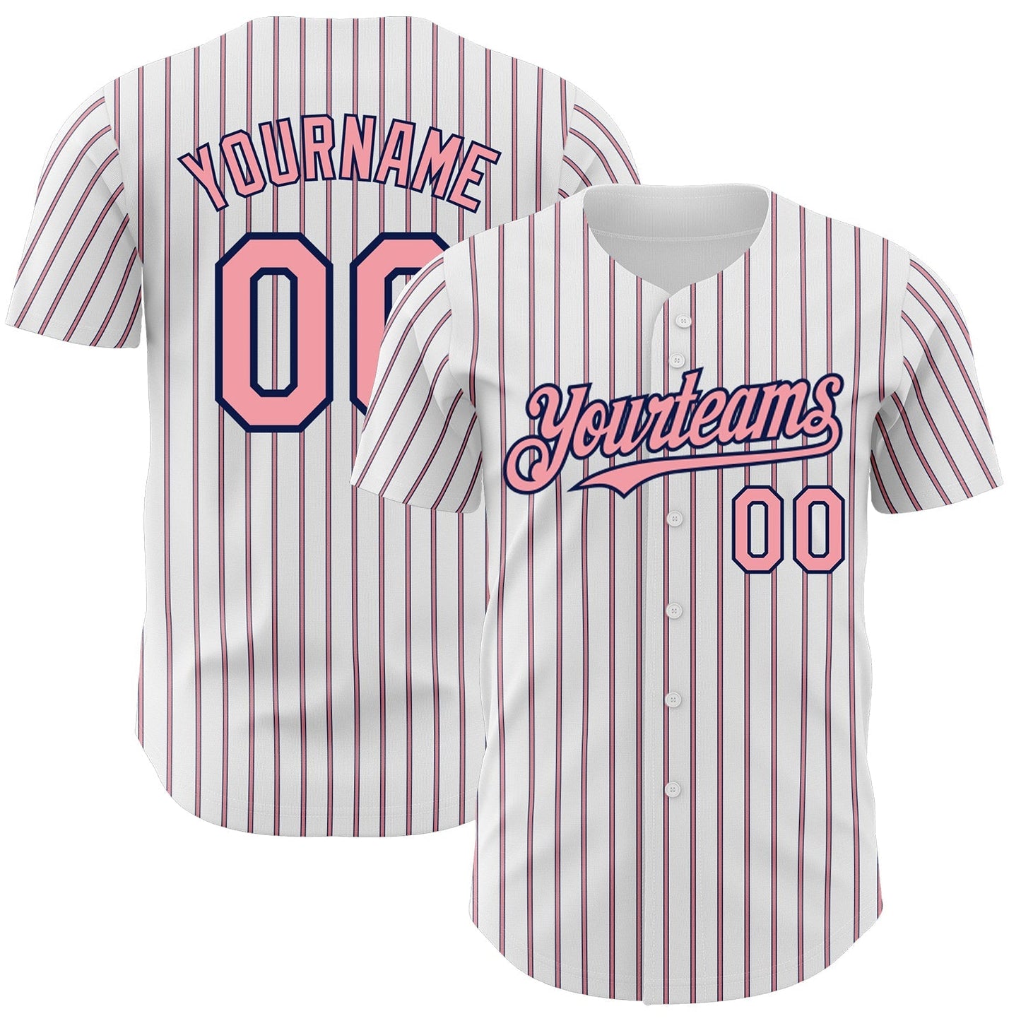 Custom White (Navy Medium Pink Pinstripe) Medium Pink-Navy Authentic Baseball Jersey baseball jersey product view 1