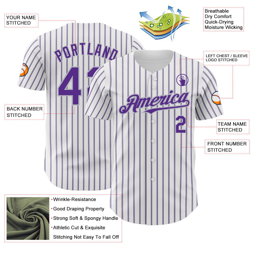 Custom White (Purple Gray Pinstripe) Purple-Gray Authentic Baseball Jersey baseball jersey product view 3