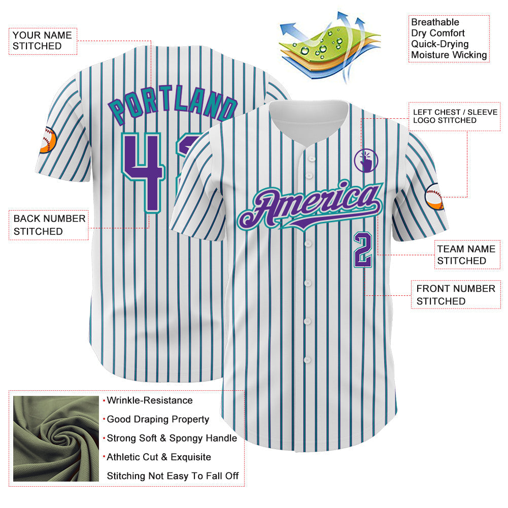 Custom White (Purple Teal Pinstripe) Purple-Teal Authentic Baseball Jersey baseball jersey product view 3