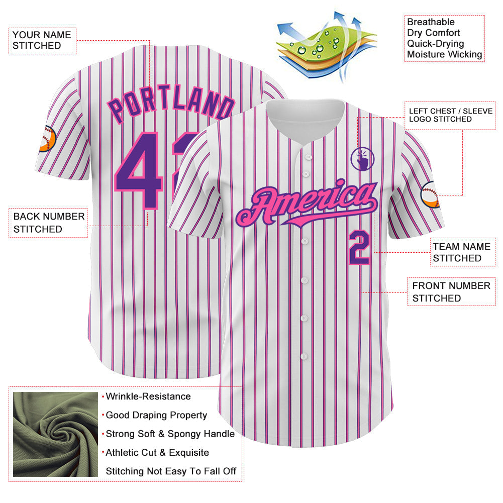 Custom White (Purple Pink Pinstripe) Purple-Pink Authentic Baseball Jersey baseball jersey product view 3