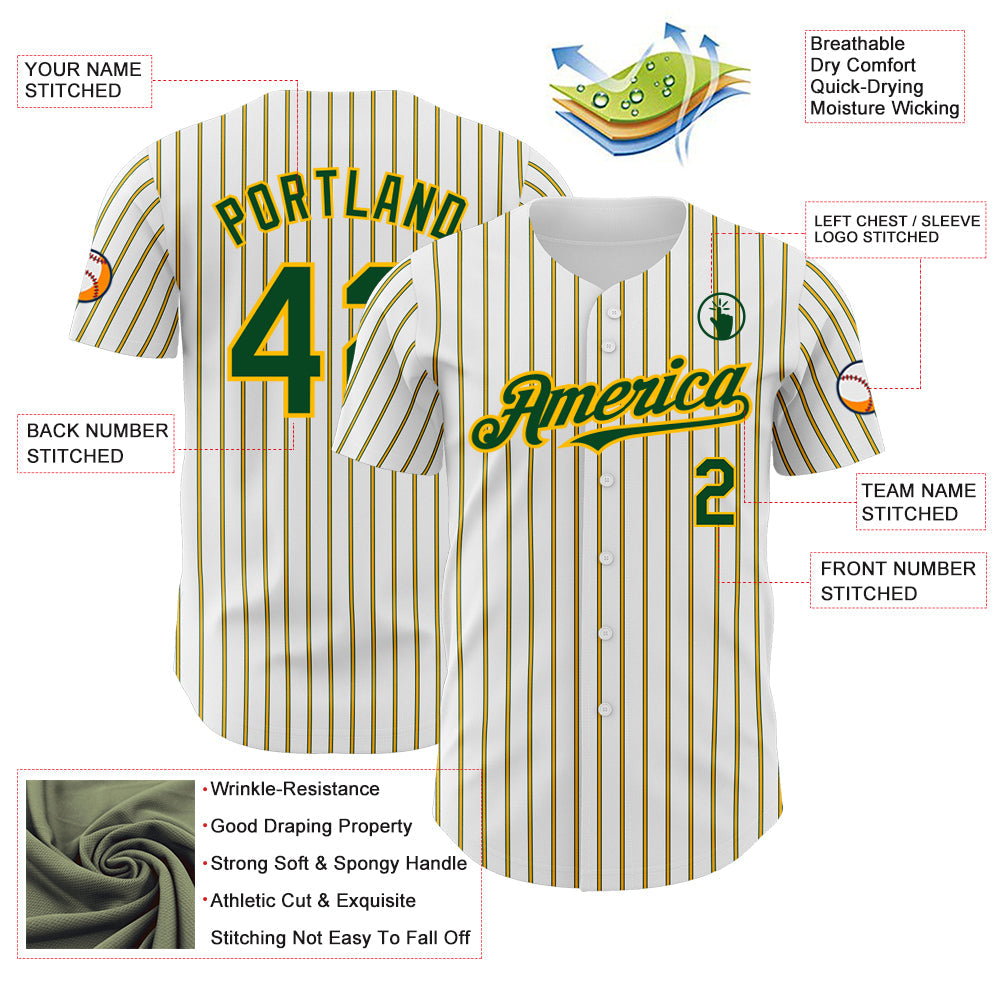 Custom White (Green Gold Pinstripe) Green-Gold Authentic Baseball Jersey baseball jersey product view 3
