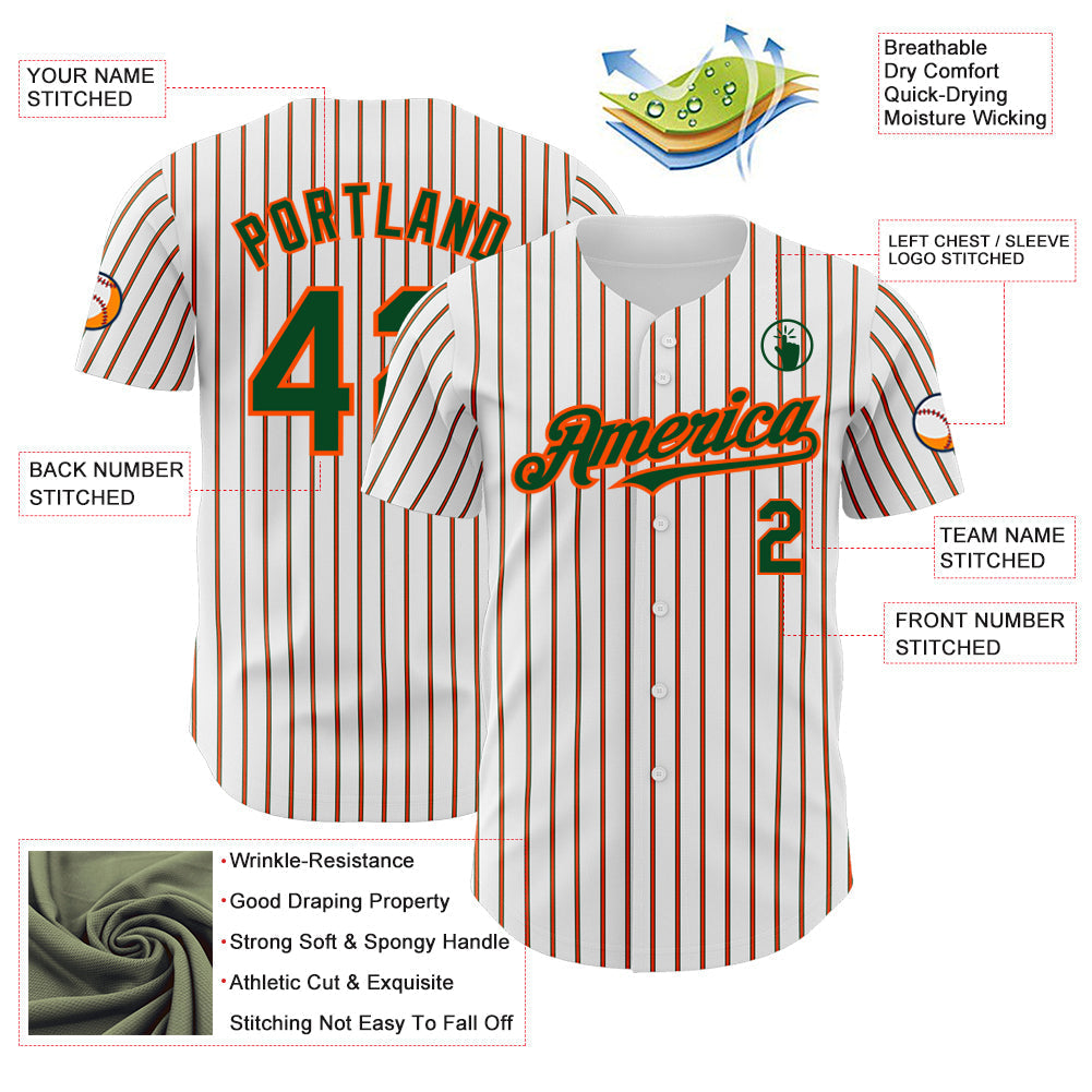 Custom White (Green Orange Pinstripe) Green-Orange Authentic Baseball Jersey baseball jersey product view 3