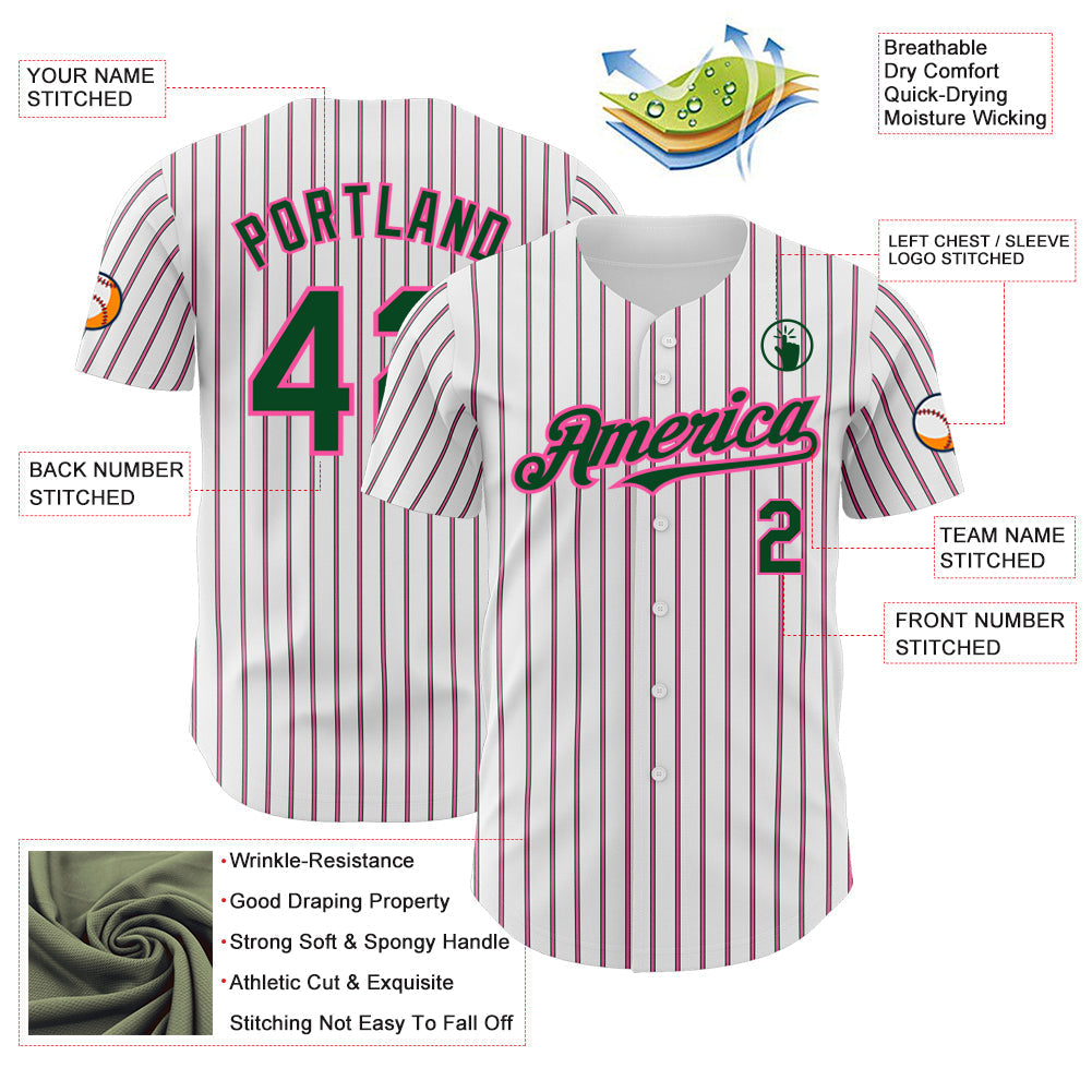 Custom White (Green Pink Pinstripe) Green-Pink Authentic Baseball Jersey baseball jersey product view 3
