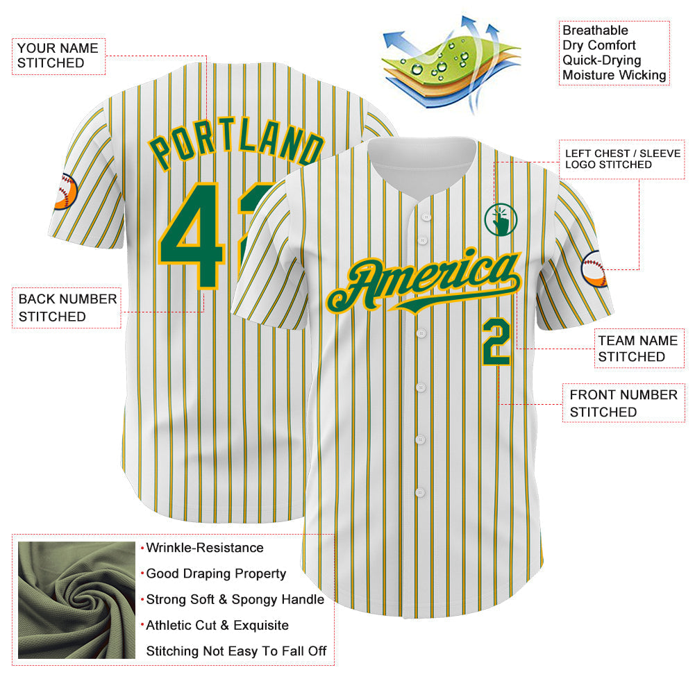 Custom White (Kelly Green Gold Pinstripe) Kelly Green-Gold Authentic Baseball Jersey baseball jersey product view 3