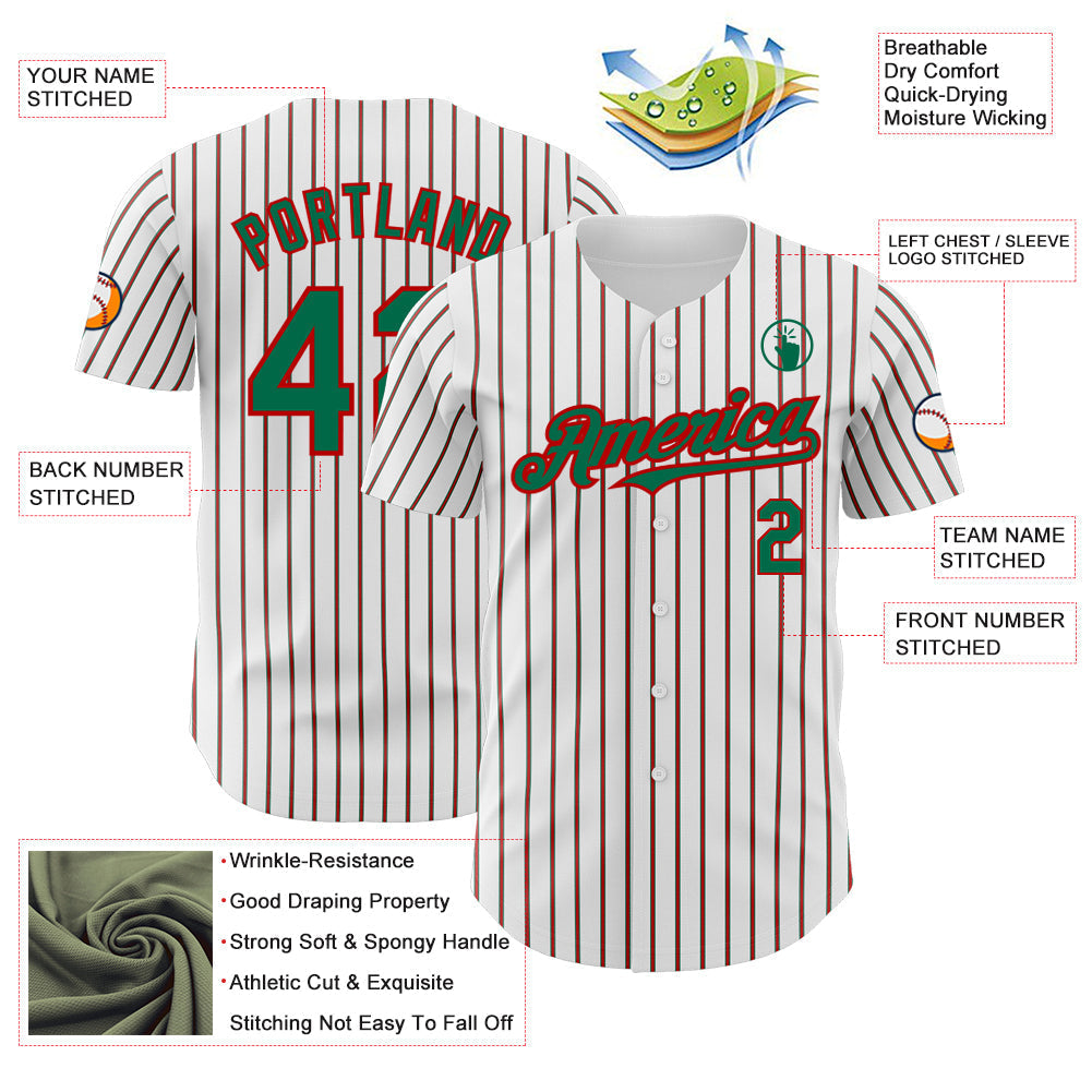Custom White (Kelly Green Red Pinstripe) Kelly Green-Red Authentic Baseball Jersey baseball jersey product view 3