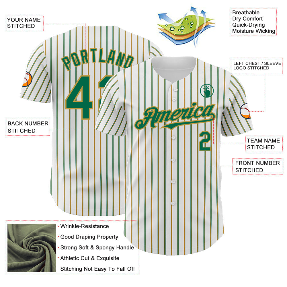 Custom White (Kelly Green Old Gold Pinstripe) Kelly Green-Old Gold Authentic Baseball Jersey baseball jersey product view 3