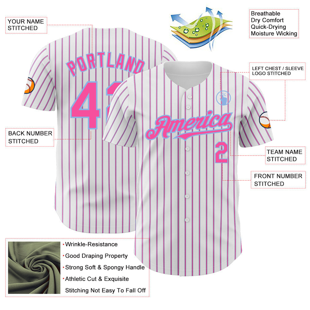 Custom White (Light Blue Pink Pinstripe) Pink-Light Blue Authentic Baseball Jersey baseball jersey product view 3