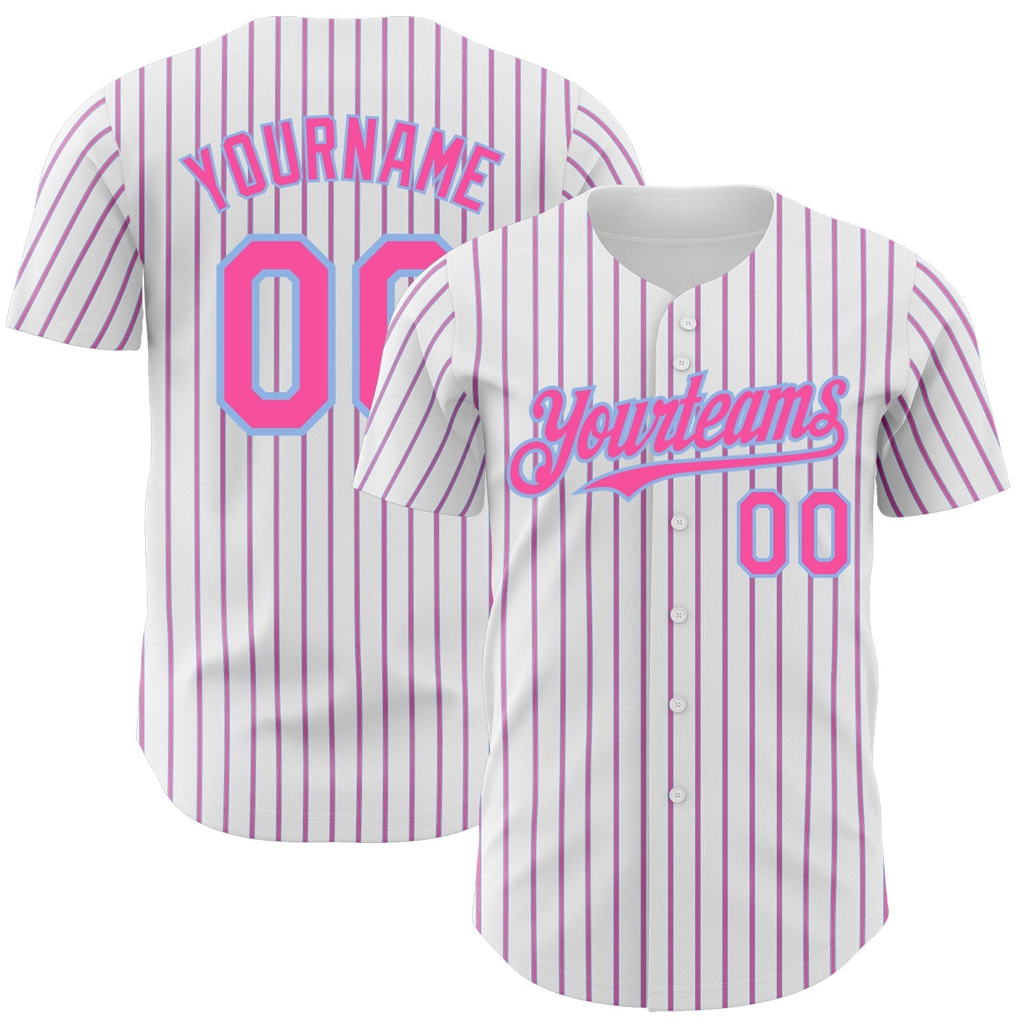Custom White (Light Blue Pink Pinstripe) Pink-Light Blue Authentic Baseball Jersey baseball jersey product view 1