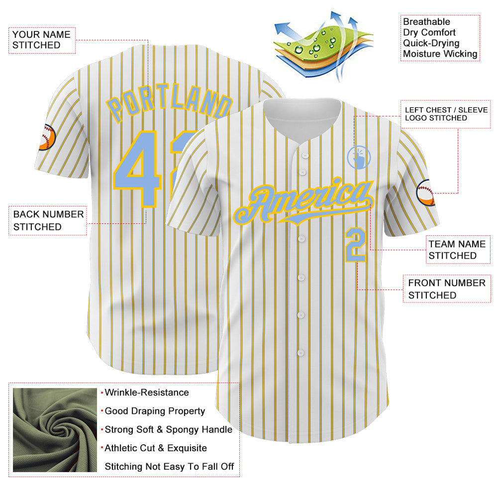Custom White (Light Blue Yellow Pinstripe) Light Blue-Yellow Authentic Baseball Jersey baseball jersey product view 3