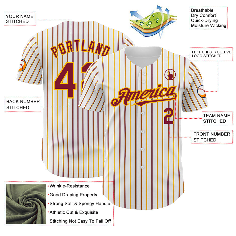 Custom White (Crimson Gold Pinstripe) Crimson-Gold Authentic Baseball Jersey baseball jersey product view 3