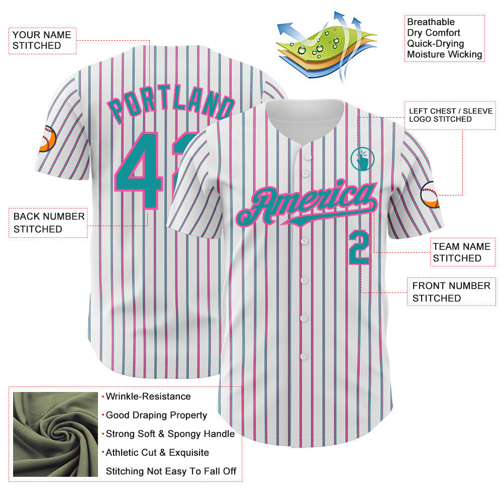 Custom White (Teal Pink Pinstripe) Teal-Pink Authentic Baseball Jersey baseball jersey product view 3