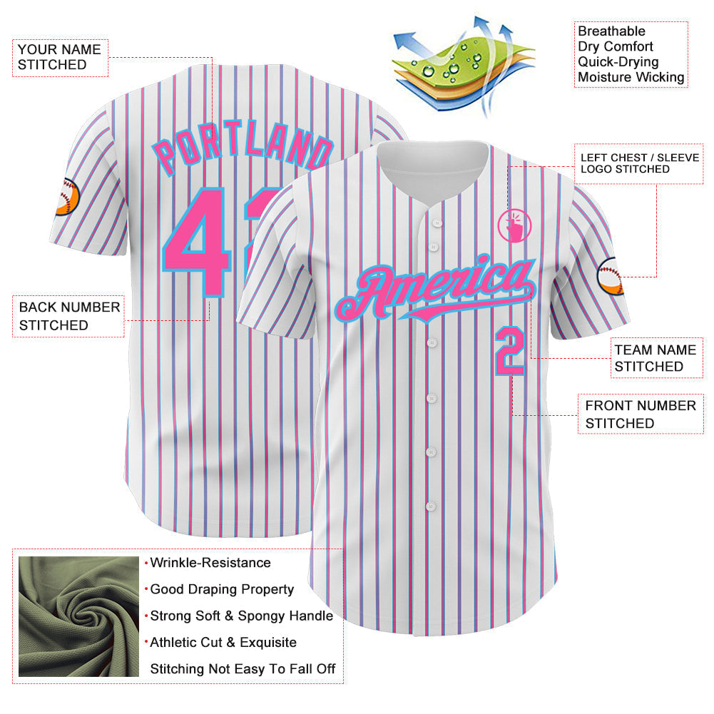 Custom White (Sky Blue Pink Pinstripe) Pink-Sky Blue Authentic Baseball Jersey baseball jersey product view 3