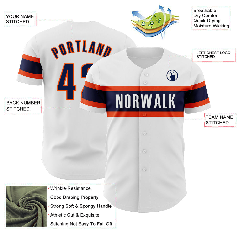 Custom White Navy-Orange Authentic Baseball Jersey baseball jersey product view 3