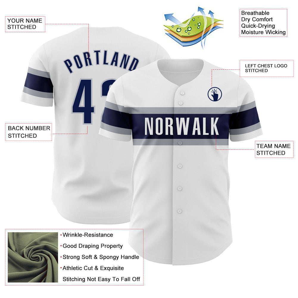 Custom White Navy-Gray Authentic Baseball Jersey baseball jersey product view 3