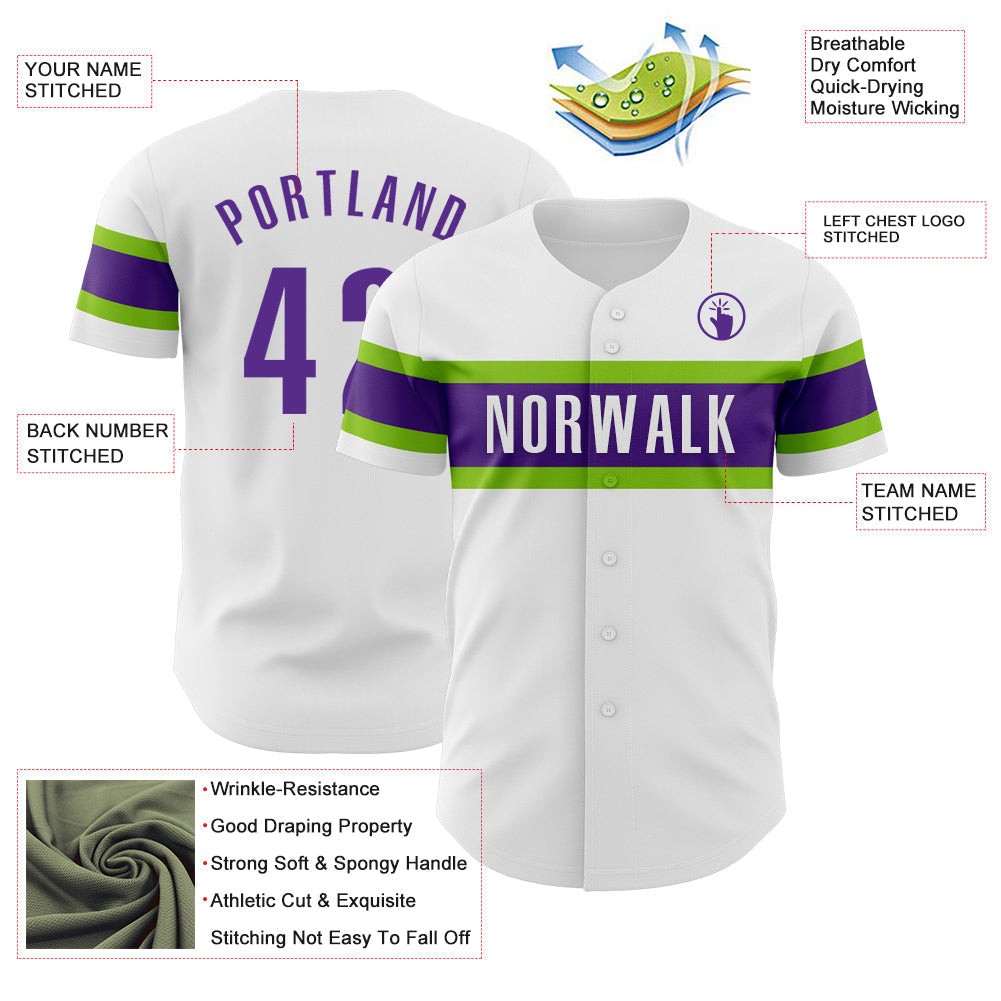 Custom White Purple-Neon Green Authentic Baseball Jersey baseball jersey product view 3