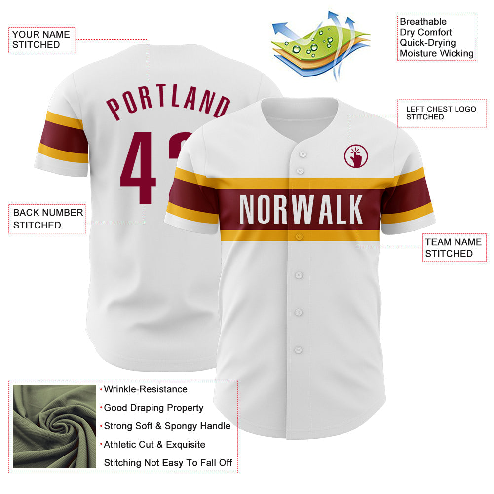 Custom White Maroon-Gold Authentic Baseball Jersey baseball jersey product view 3