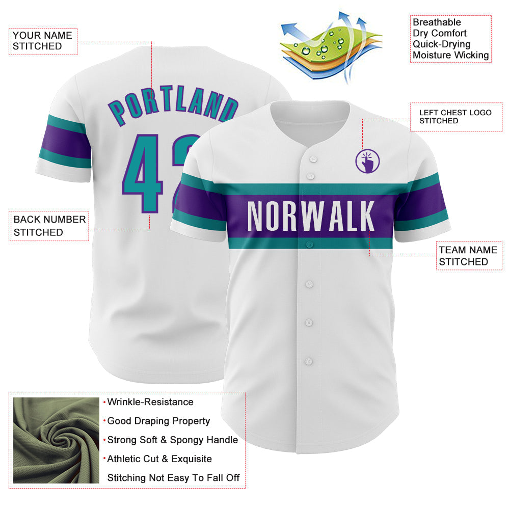 Custom White Teal-Purple Authentic Baseball Jersey baseball jersey product view 3