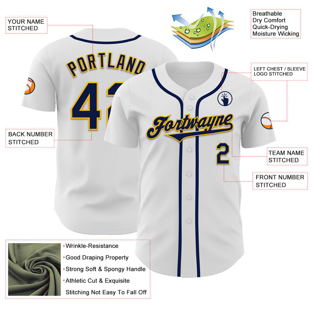 Custom White Navy-Gold Authentic Baseball Jersey baseball jersey product view 3