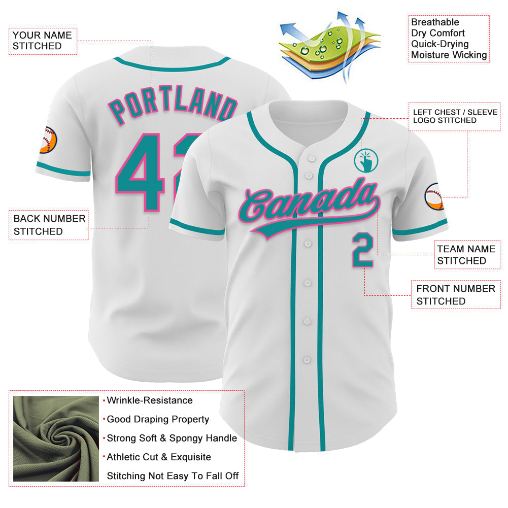Custom White Teal-Pink Authentic Baseball Jersey baseball jersey product view 3