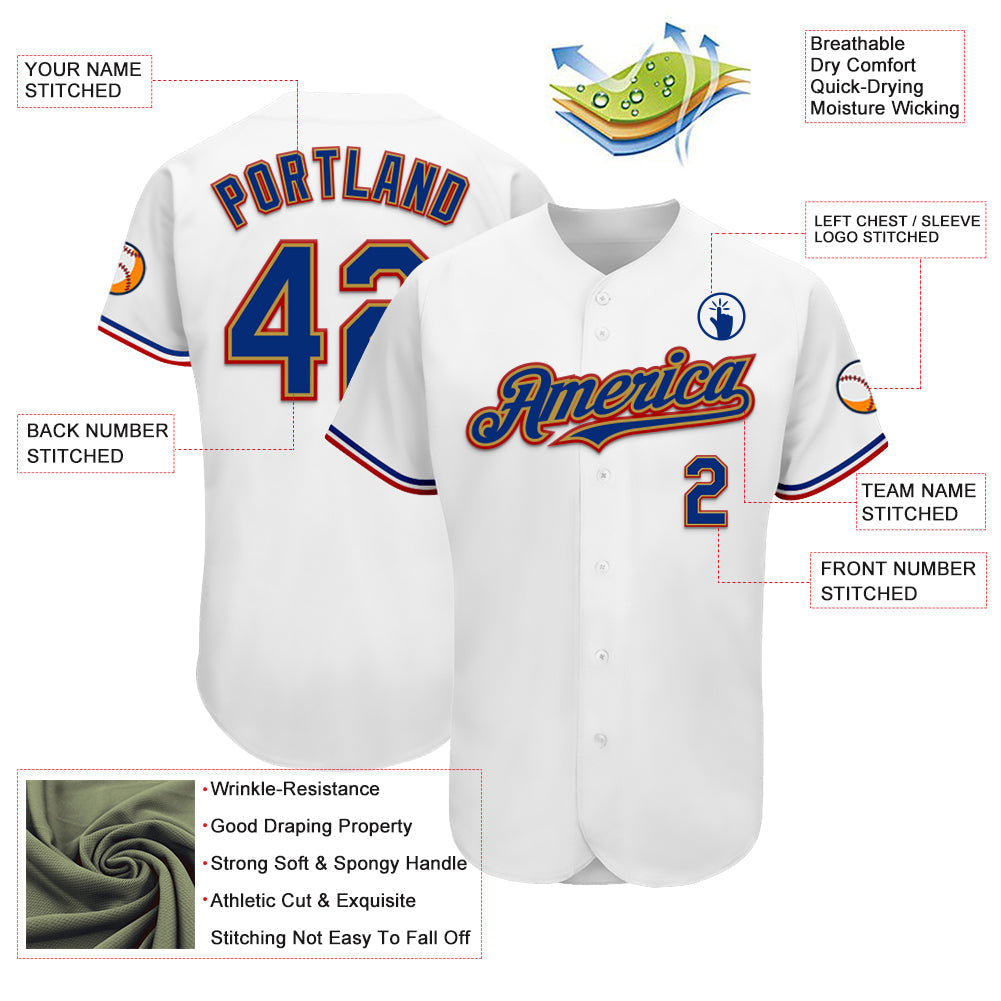 Custom White Royal Old Gold-Red Authentic Baseball Jersey baseball jersey product view 3