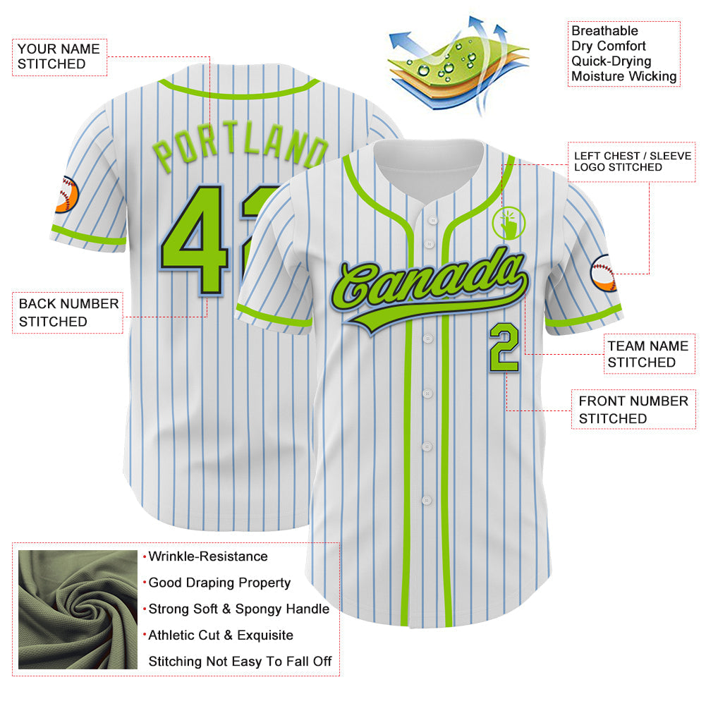 Custom White Light Blue Pinstripe Neon Green-Black Authentic Baseball Jersey baseball jersey product view 3