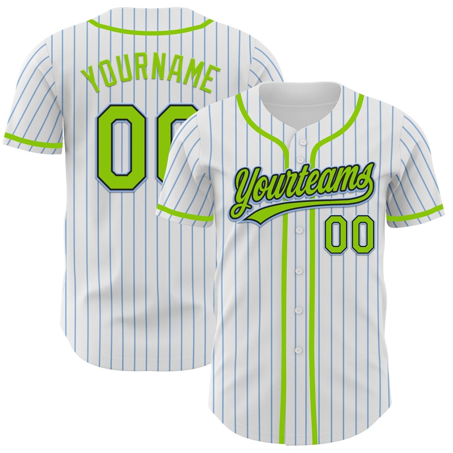 Custom White Light Blue Pinstripe Neon Green-Black Authentic Baseball Jersey baseball jersey product view 1