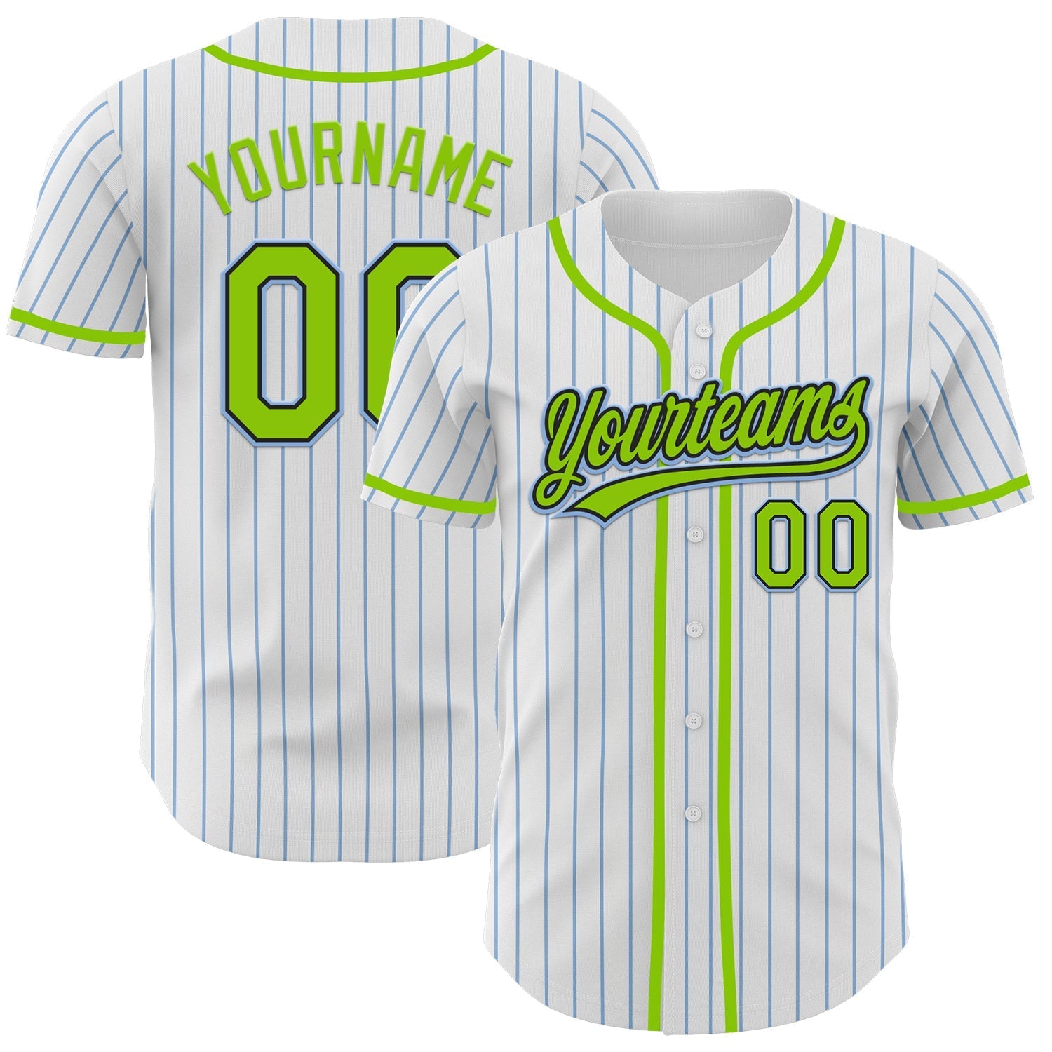 Custom White Light Blue Pinstripe Neon Green-Black Authentic Baseball Jersey baseball jersey product view 1