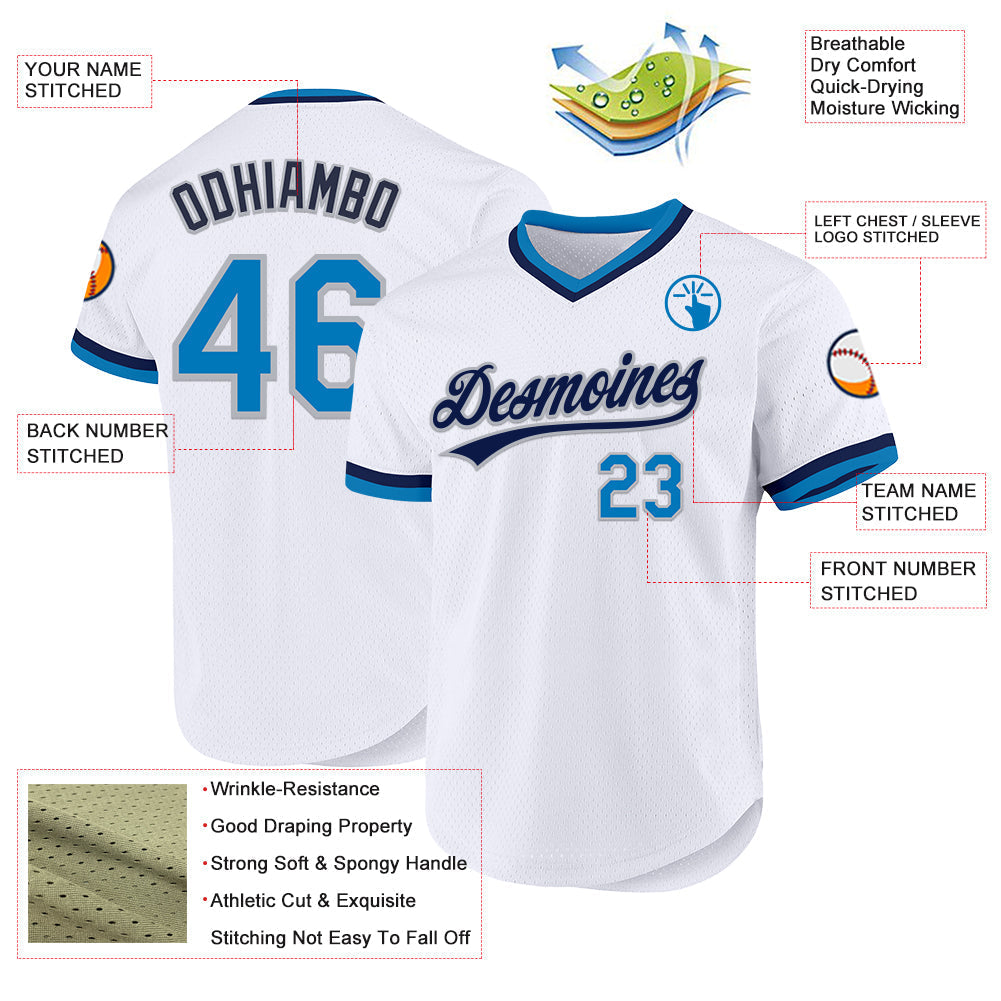 Custom White Blue Gray-Navy Authentic Throwback Baseball Jersey baseball jersey product view 3