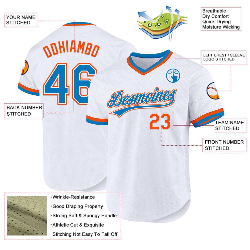 Custom White Blue-Orange Authentic Throwback Baseball Jersey baseball jersey product view 3