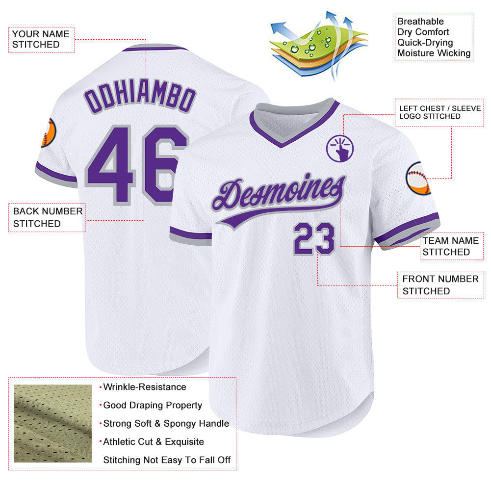 Custom White Purple-Gray Authentic Throwback Baseball Jersey baseball jersey product view 3