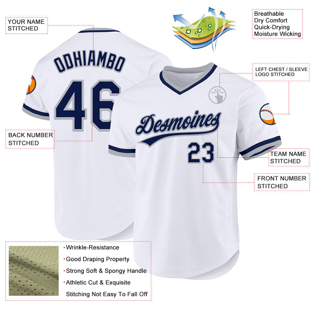 Custom White Navy-Gray Authentic Throwback Baseball Jersey baseball jersey product view 3
