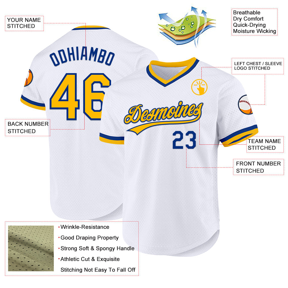 Custom White Gold-Royal Authentic Throwback Baseball Jersey baseball jersey product view 3