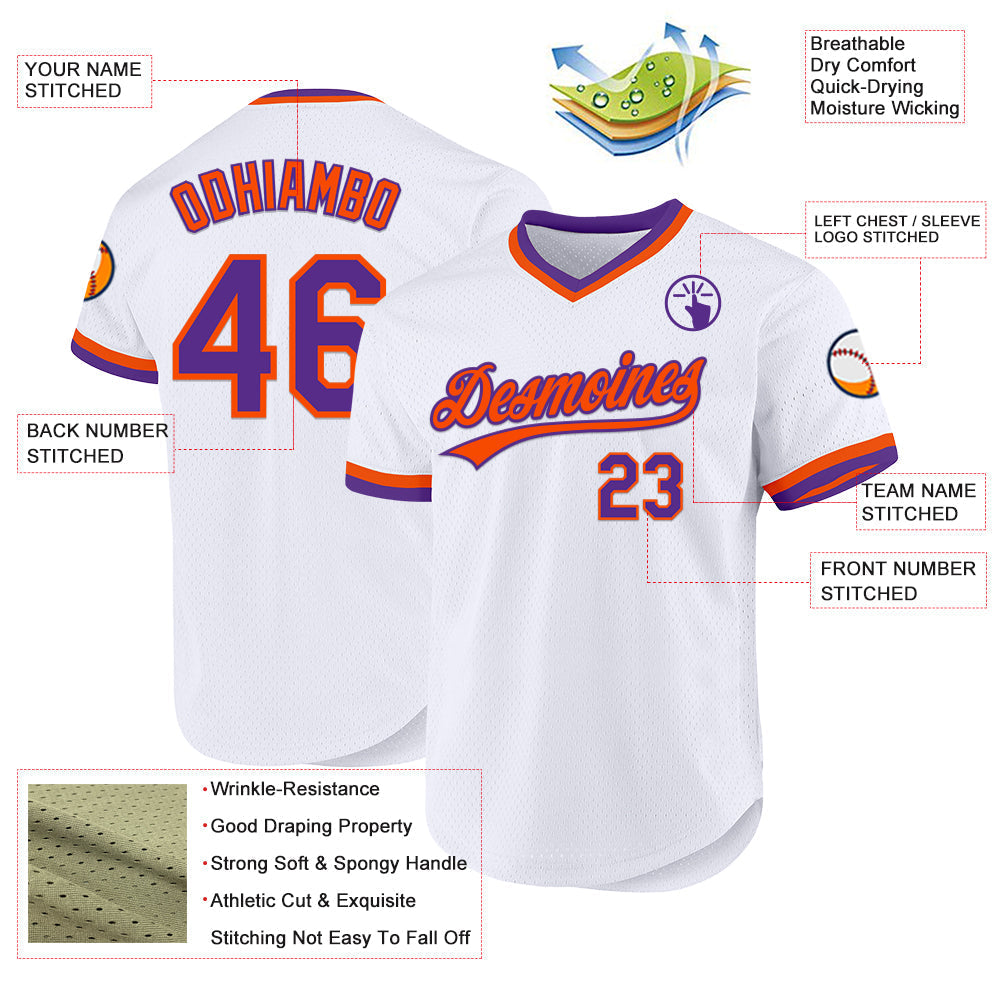 Custom White Purple-Orange Authentic Throwback Baseball Jersey baseball jersey product view 3