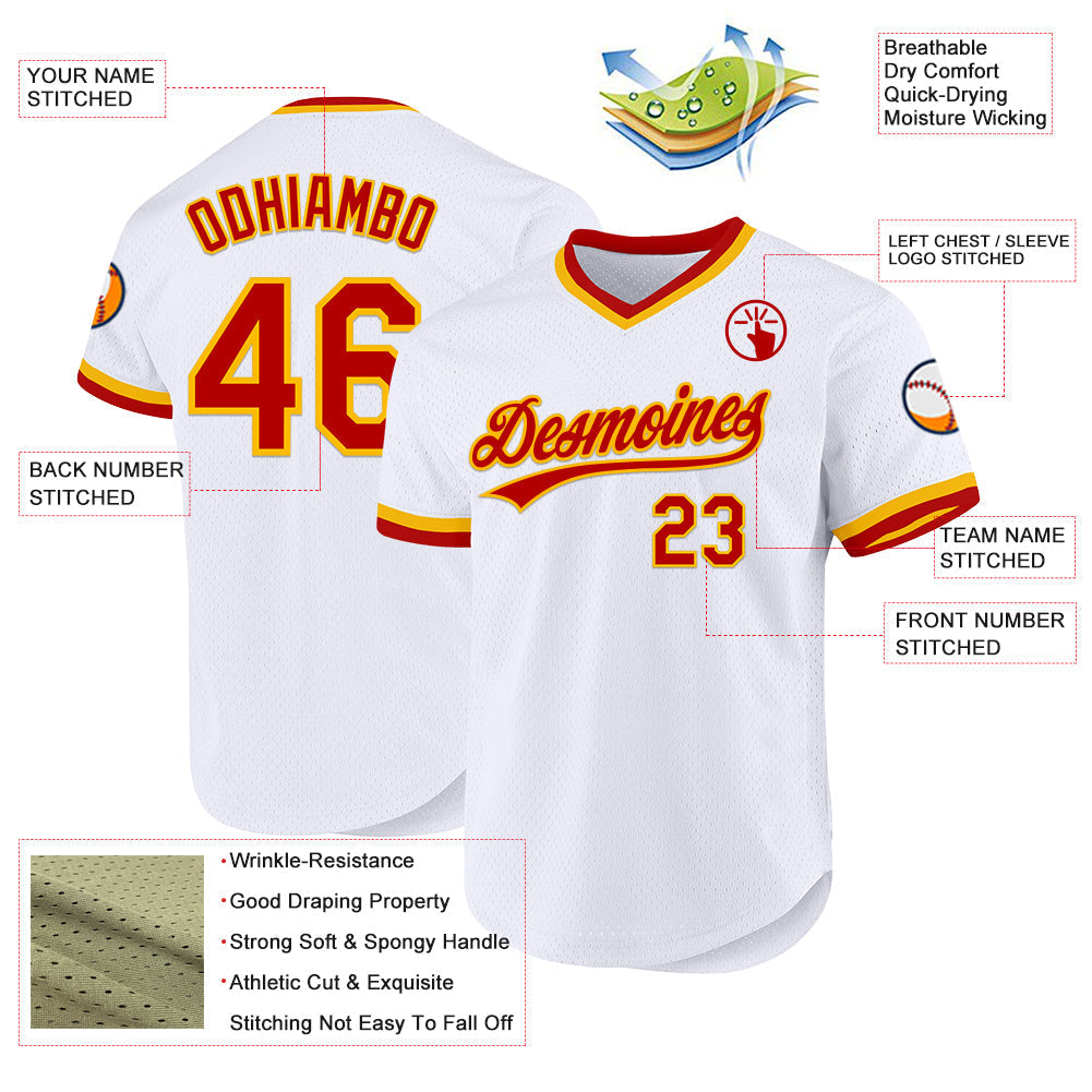 Custom White Red-Gold Authentic Throwback Baseball Jersey baseball jersey product view 3