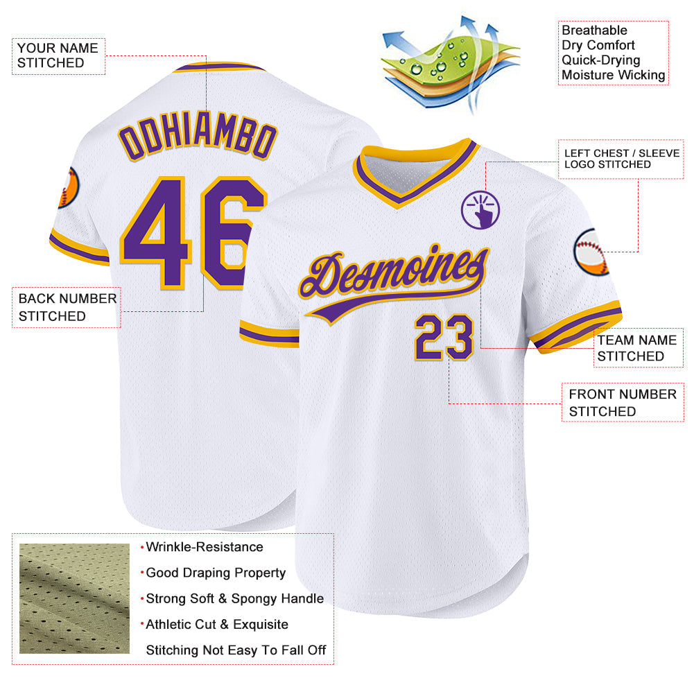 Custom White Purple-Gold Authentic Throwback Baseball Jersey baseball jersey product view 3