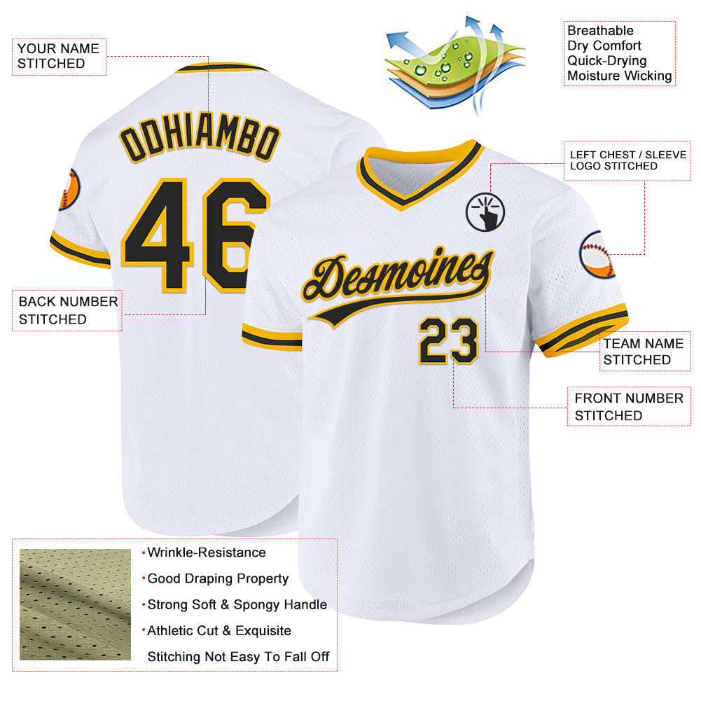 Custom White Black-Gold Authentic Throwback Baseball Jersey baseball jersey product view 3