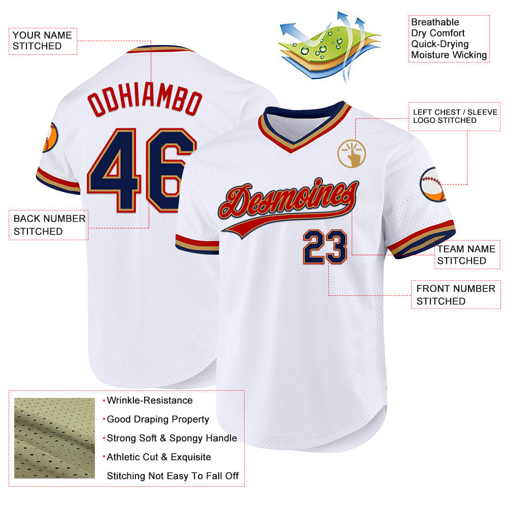 Custom White Navy Old Gold-Red Authentic Throwback Baseball Jersey baseball jersey product view 3