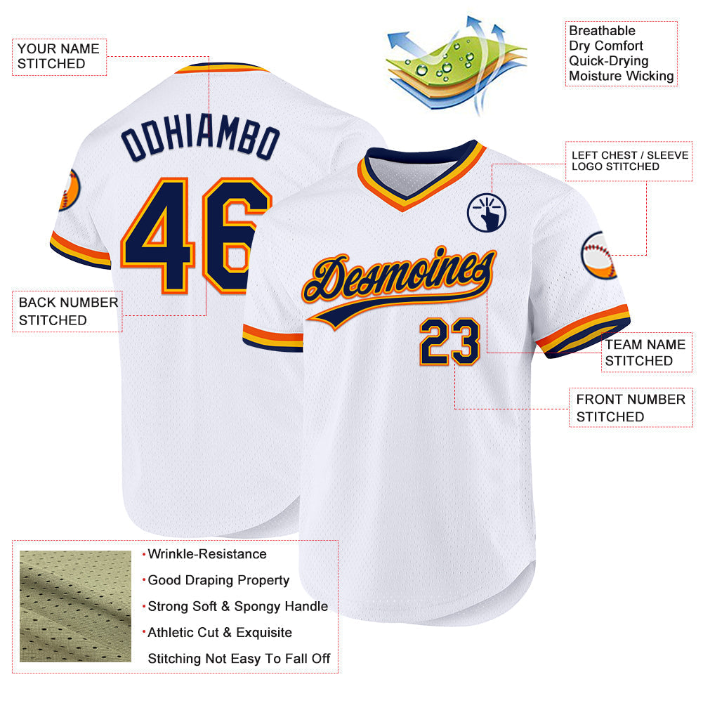 Custom White Navy Gold-Orange Authentic Throwback Baseball Jersey baseball jersey product view 3