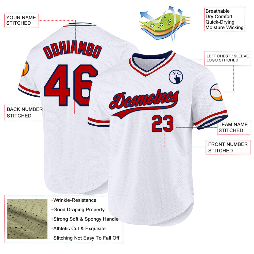 Custom White Red-Navy Authentic Throwback Baseball Jersey baseball jersey product view 3